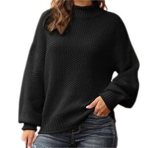 Women Turtleneck Chunky Knit Oversized Pullover Sweater Size M Black